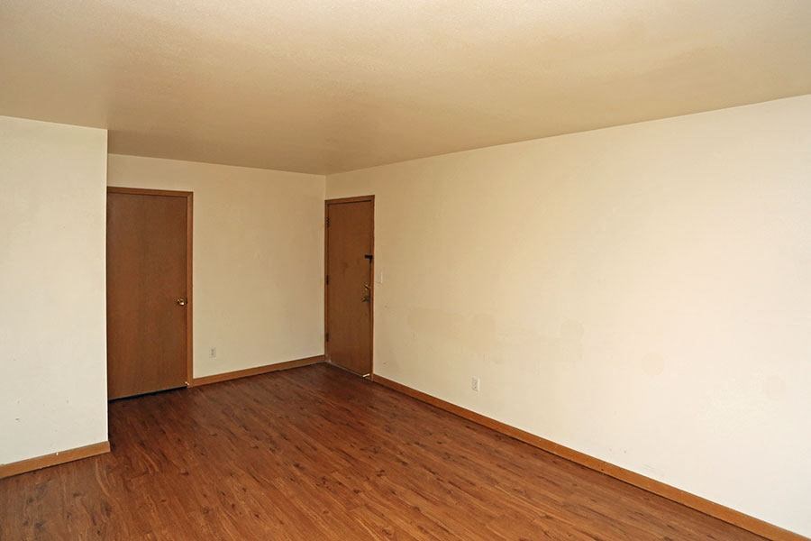an empty room with a wood floor and a door