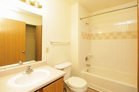 a bathroom with a sink toilet and a bath tub