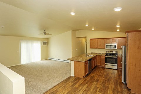 an empty kitchen with a stove and a refrigerator