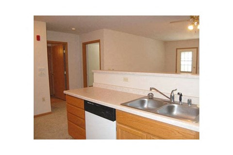 A kitchen with a white counter top and a dishwasher.