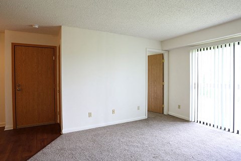A room with a carpeted floor and two doors.