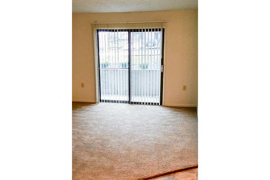 A room with a carpeted floor and a sliding glass door.