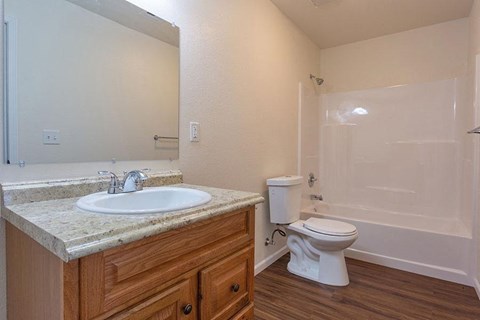 A white toilet sits in a bathroom next to a sink and a bathtub.