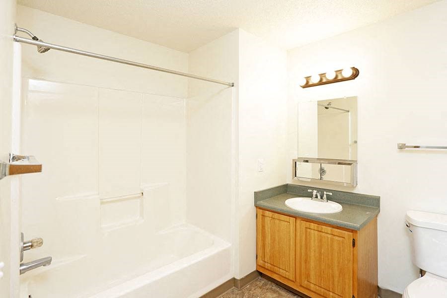 a bathroom with a sink and a shower and a toilet