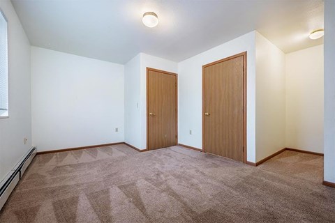 A room with two brown doors and carpeted floor.