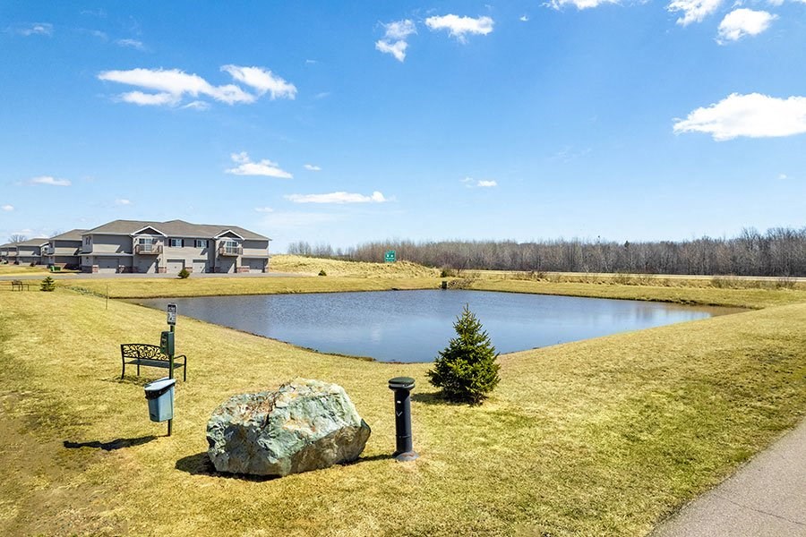 a pond in front of a house with a large rock