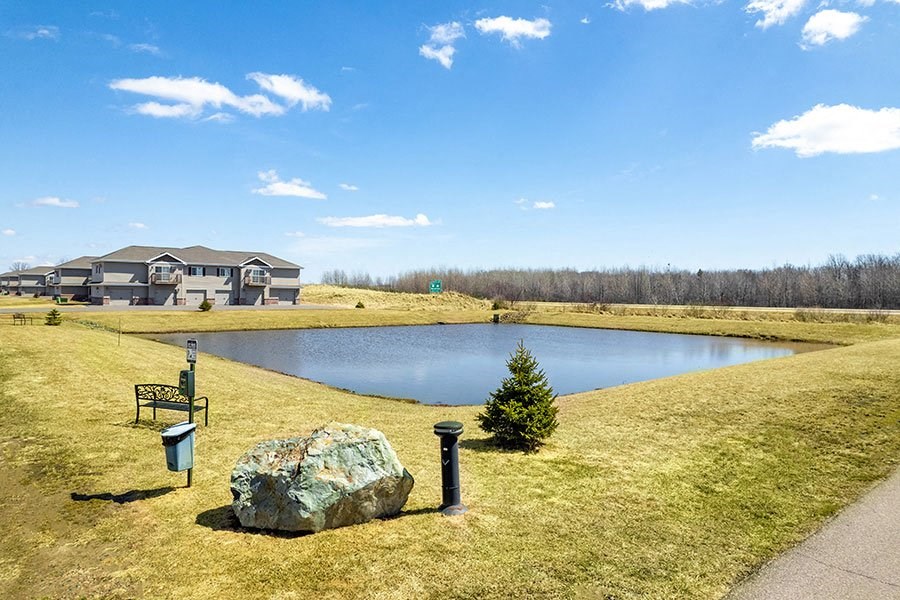 a pond in front of a house with a large rock
