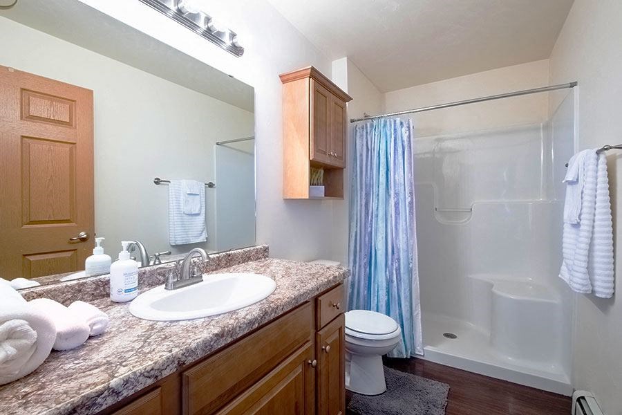 a bathroom with a sink toilet and a shower