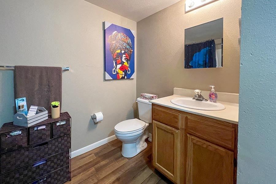 a bathroom with a sink toilet and a mirror