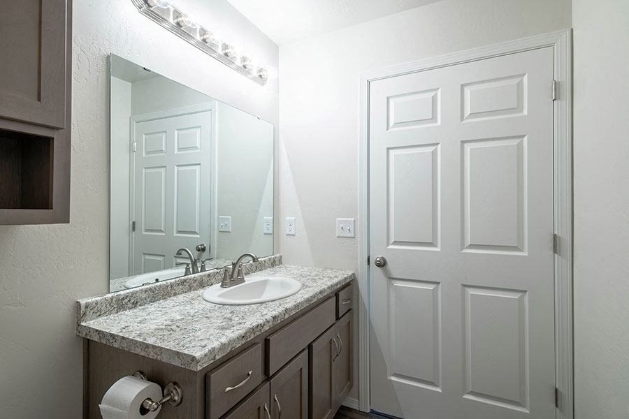 a bathroom with a sink and a mirror