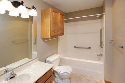 a bathroom with a toilet and a bath tub and a sink