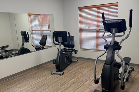 A gym room with a mirror, treadmill, and stationary bike.
