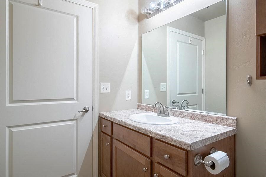 a bathroom with a sink and a mirror