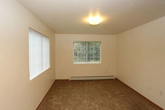 an empty living room with a window and a ceiling light