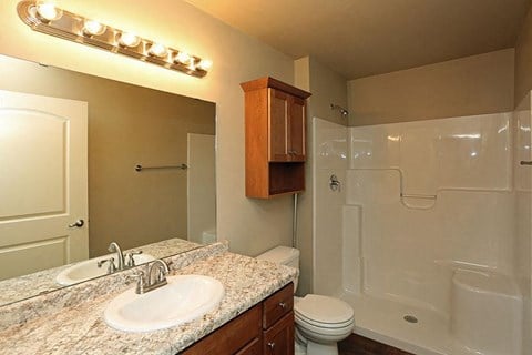 a bathroom with a sink toilet and a shower