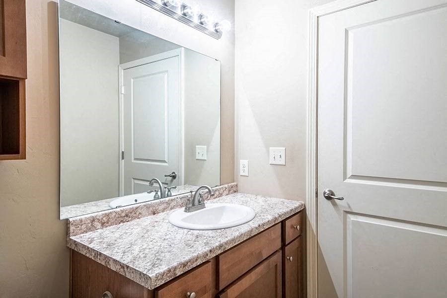 a bathroom with a sink and a mirror