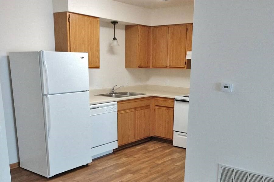 an empty kitchen with a refrigerator and a sink