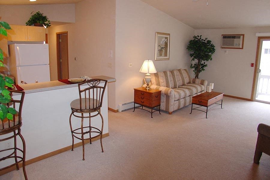 a living room with a couch and a kitchen