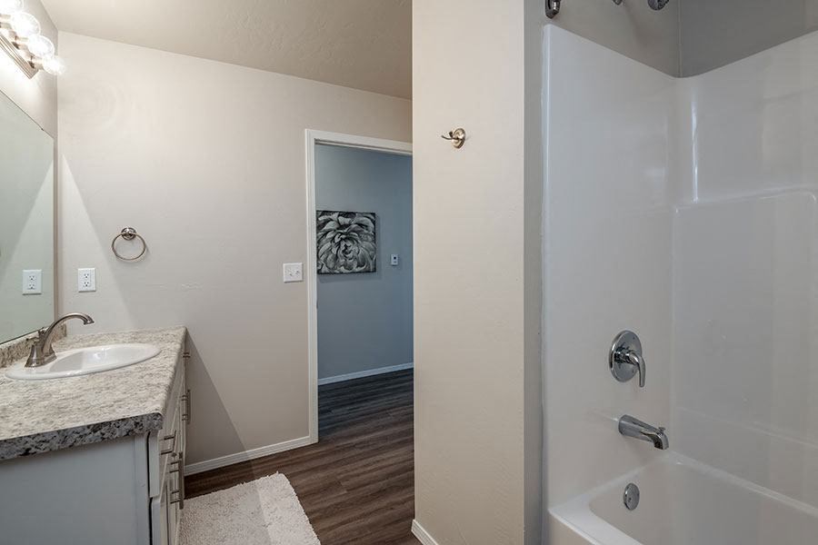 an empty bathroom with a shower and a sink