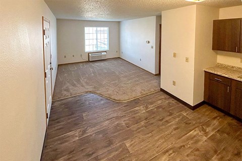 an empty living room with a hard wood floor