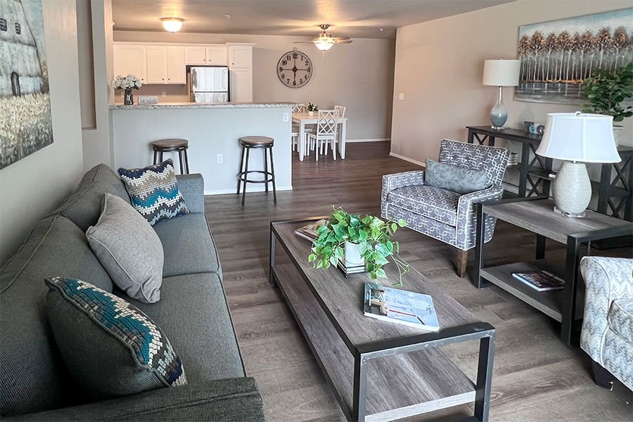 A living room with a grey couch and a coffee table.