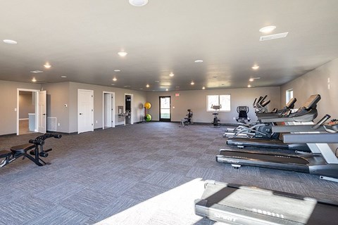 A spacious room with a row of treadmills on the right side.