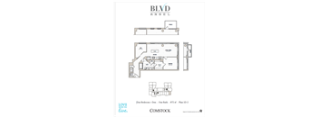 A black and white floor plan for a one bedroom apartment.
