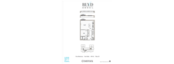 A floor plan for a one bedroom, one bath apartment at BLVD Ansel in Comstock.