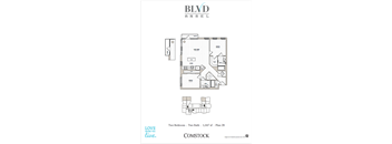 A floor plan for a two bedroom, two bath apartment at BLVD ANSEL.