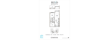 A floor plan for a one bedroom apartment with a den, one bath, and a total area of 886 square feet.