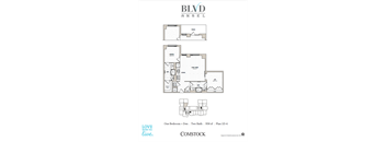 A floor plan for a one bedroom apartment with two bathrooms and a den.