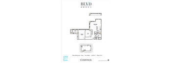 A floor plan for a one bedroom apartment with a den and two bathrooms.