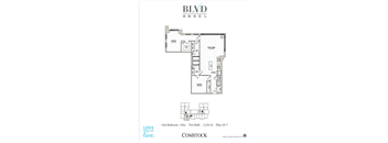 A floor plan for a one bedroom apartment with two bathrooms and a den.