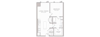 A floor plan of a small apartment with a living room, dining room, bedroom, and bathroom.