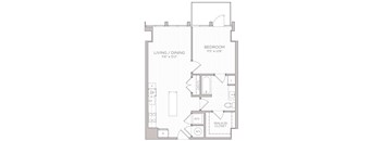 A floor plan of a small apartment with a living room, dining room, bedroom, and walk-in closet.