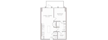 A floor plan of a small apartment with a living/dining area and a bedroom.