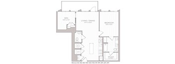 A floor plan of an apartment with a den, living/dining area, bedroom, and walk-in closet.