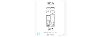 A page from a catalogue showing a floor plan of a one bedroom apartment.