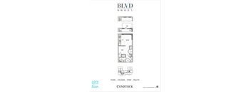 A floor plan for a studio apartment with one bathroom is displayed.