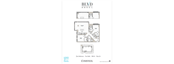 A floor plan for a two bedroom, two bath apartment at BLVD ANSSEL.