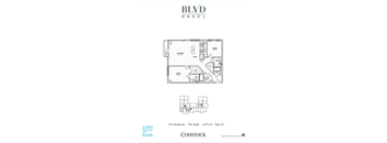 A floor plan for a two bedroom, two bathroom apartment at Comstock.
