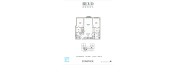 A black and white image of a floor plan for a two bedroom, two bathroom apartment.