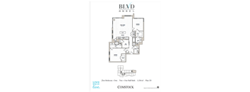 A floor plan for a two bedroom, one bathroom apartment.