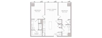 A floor plan of a house with three bedrooms, a living/dining area, and a walk-in closet.