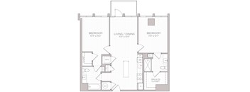 A floor plan of a house with three bedrooms, a living/dining area, and a walk-in closet.