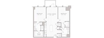 A floor plan of a house with three bedrooms, a living/dining area, and a walk-in closet.