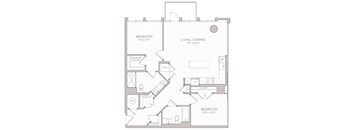 A floor plan of a home with two bedrooms, a living/dining area, and a kitchen.