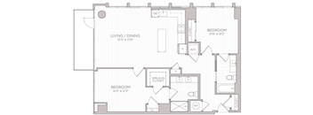 A floor plan of a house with two bedrooms, a living room, and a dining room.