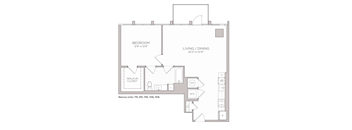 A floor plan of a room with a bedroom, living/dining area, and a kitchen.