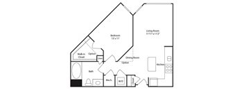 A floor plan of a house with a bedroom, living room, and kitchen.